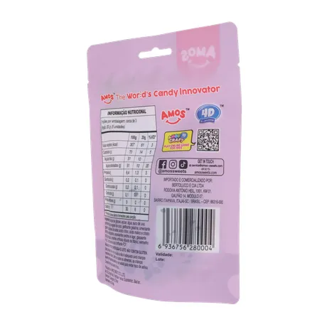 Balas de Gelatina Amos Fruit Gummy Grape Burst Juice Filled Sachê 65gr 360-21