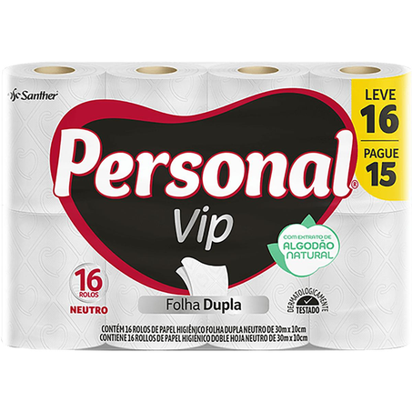 Papel Higiênico Personal Vip 30m - Neutro - Folha Dupla - Leve 16, Pague 15 Rolos
