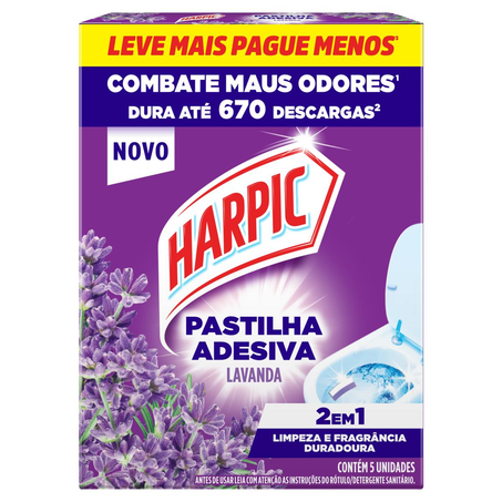 Desodorizador Pastilha Adesiva Harpic 2 em 1 - Lavanda - Leve 5, Pague 4 Pastilhas