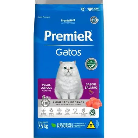 Ração Premier Ambientes Internos Pelos Longos para Gatos Adultos Sabor Salmão 7,5Kg