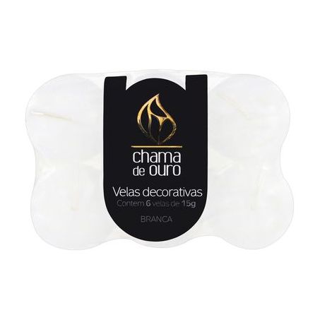 Vela Decorativa Branca Chama de Ouro 6 Unidades de Cada 15G