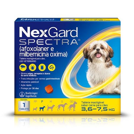 NexGard Spectra Antipulgas e Vermífugo Cães 3,6kg a 7,5kg 1 tablete
