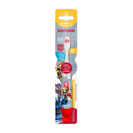 ESCOVA DENTAL INFANTIL POWERDENT TRANSFORMES PISCA EXTRA MACIA CARTELA C/1UNID