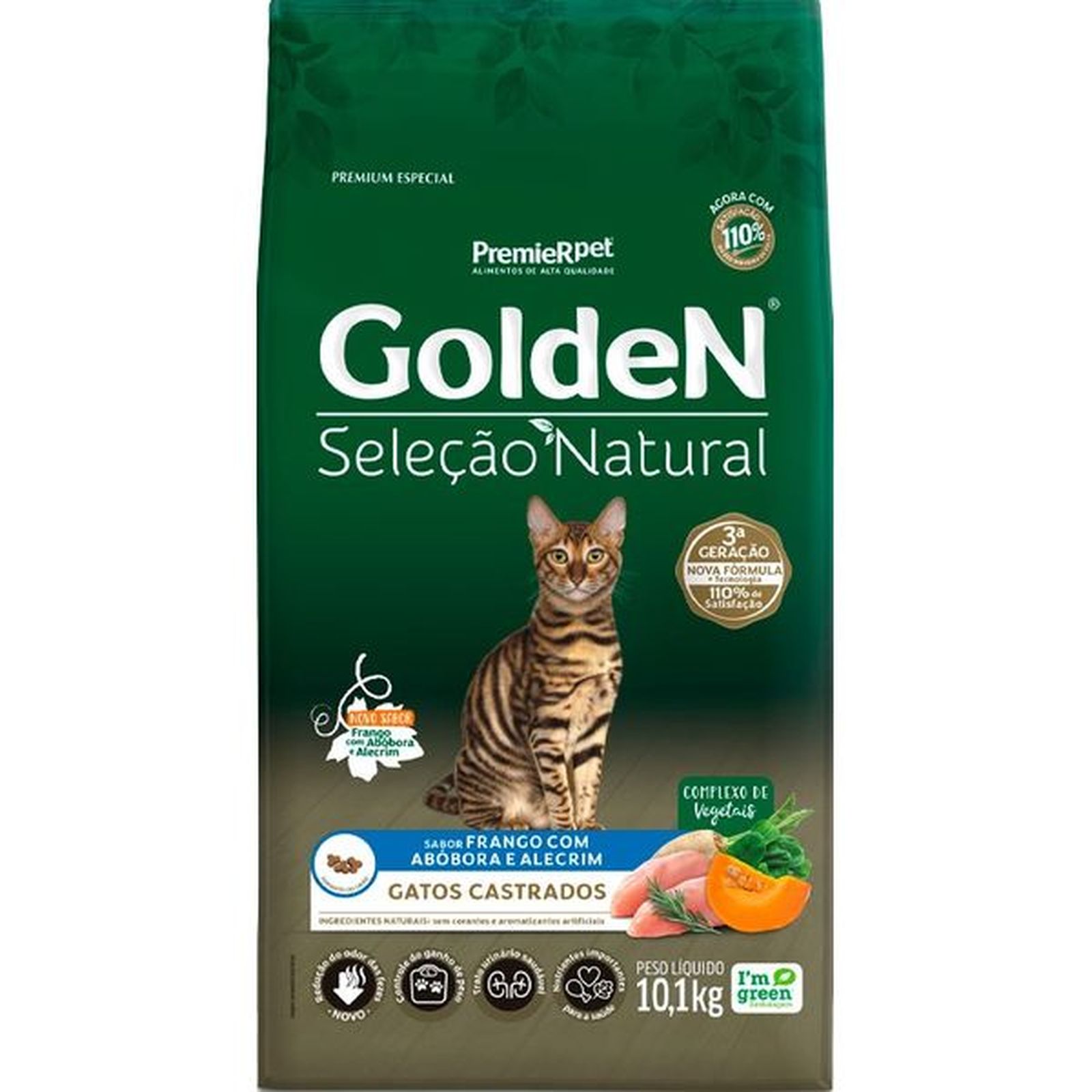 Ração Golden Seleção Natural para Gatos Adultos Castrados Sabor Frango com Abóbora e Alecrim 10,1 Kg
