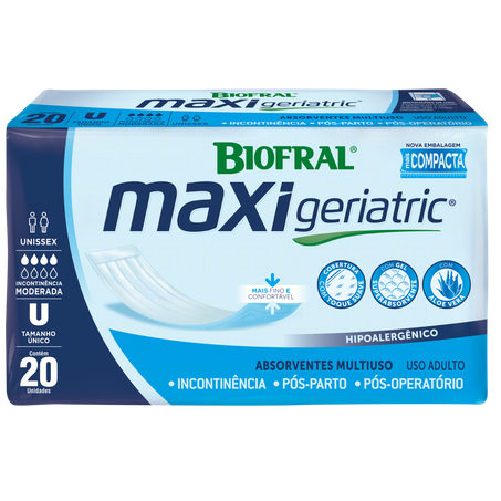 ABSORVENTE HIGIÊNICO ADULTO BIOFRAL MAXI GERIATRIC INCONTINÊNCIA, PÓS-PARTO E PÓS-OPERATÓRIO TAMANHO U INCONTINÊNCIA MODERADA PACOTE LEVE 20 PAGUE 17