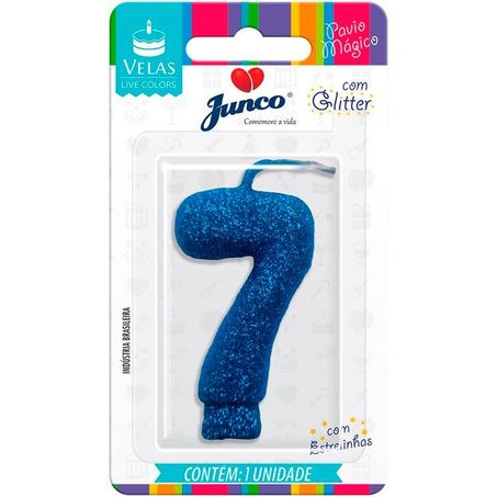 Vela Aniversario Junco Live Colors N7 Azul Glitter