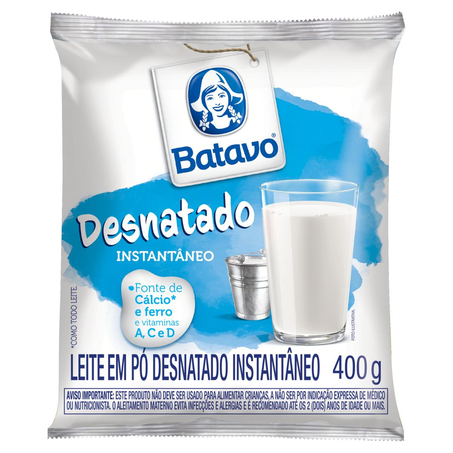 Leite em Pó Batavo 400g - Desnatado - Instantâneo - Sachê