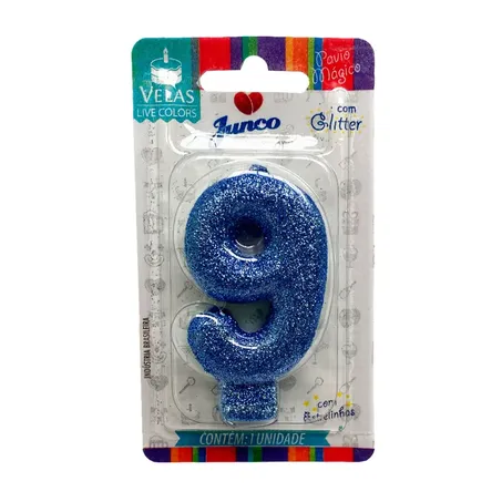 Vela Aniversario Junco Mini Glitter N9 Azul