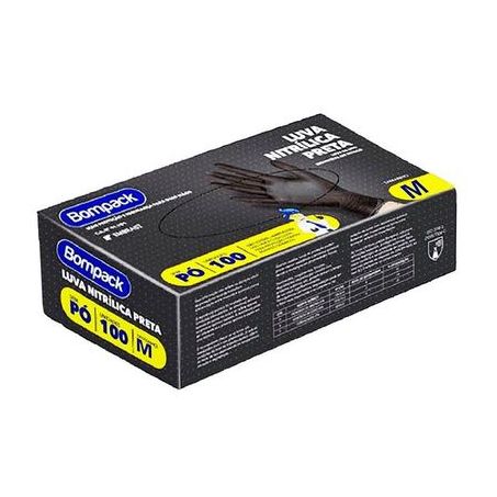 LUVA NITRÍLICA S/ PÓ MÉDIA PRETA C/100UN BOMPACK