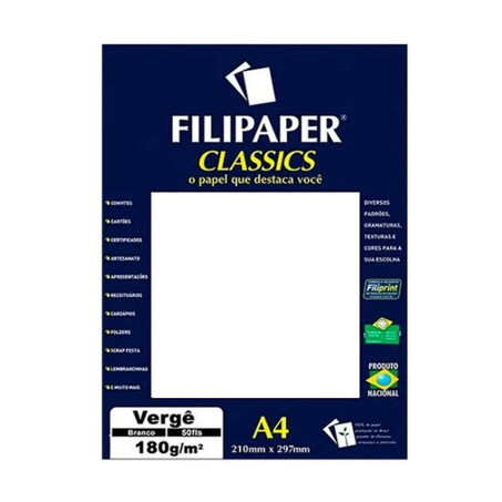 PAPEL VERGÊ A4 BRANCO 180G C/20FLS  FILIPAPER