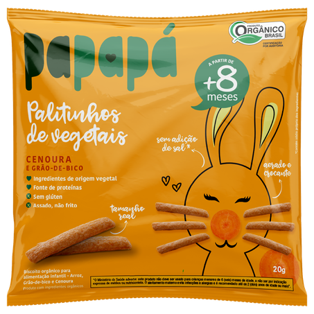 Palitinhos de vegetais papapá orgânico cenoura e grão de bico 20g