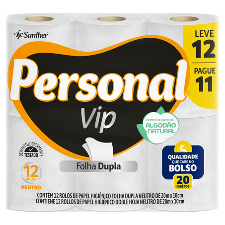 Papel Higiênico Personal Vip 20m - Neutro - Folha Dupla - Leve 12, Pague 11 Rolos