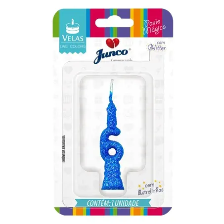 Vela Aniversario Junco Mini Glitter N6 Azul