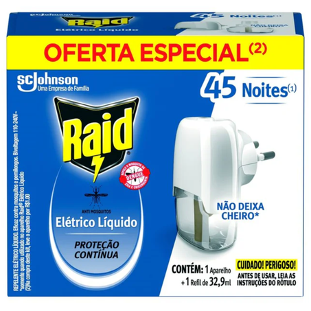 Kit repelente eletrico raid 45 noites oferta especial 32.9ml