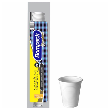 Copo Descartável Bompack Premium com 100 Unidades Branco 180Ml