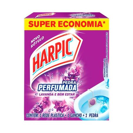 Kit Detergente Sanitário Pedra Perfumada Harpic 1 Rede Plástica + 1 Gancho + 1 Pedra Lavanda Caixa 1un