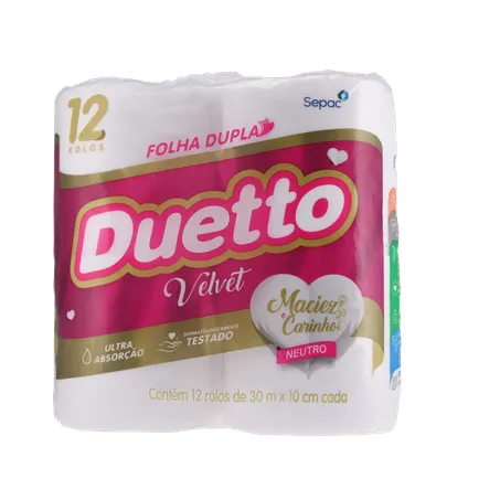 PAPEL HIGIÊNICO DUETTO FOLHA DUPLA VELVET PACOTE 12X30M 360-10
