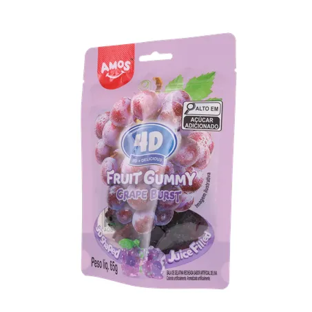 Balas de Gelatina Amos Fruit Gummy Grape Burst Juice Filled Sachê 65gr 360-2