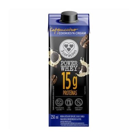 Bebida láctea 3 corações power whey cookies'n cream 250ml