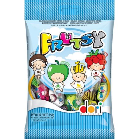 Bala Dori Frutsy Mastigável Coco, Maçã Verde, Banana e Framboesa Pacote 150g 
 