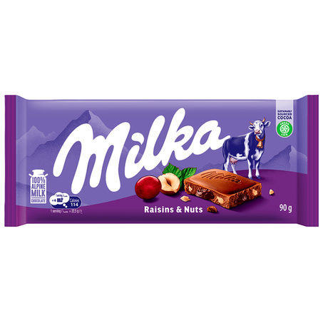 CHOC BARRA MILKA 90G. RAISIN&HAZELN