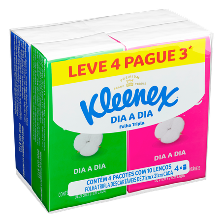 Pack Lenço de Papel Folha Tripla Kleenex Dia a Dia Pacote 10 Folhas Cada Leve 4 Pague 3 Unidades 360-1