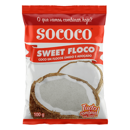 Coco ralado úmido e adoçado em floco sococo sweet floco pacote 100g