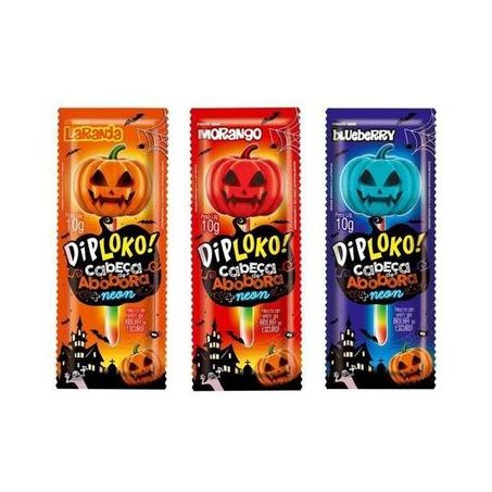 Pirulito Dip Loko Cabeça Abóbora Neon Laranja, Morango E Blueberry 10G