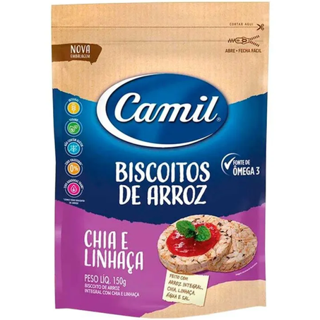Biscoito de arroz integral camil 150g chia linhaça (0% colesterol)