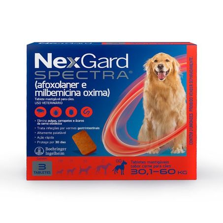 NexGard Spectra Antipulgas e Vermífugo Cães 30,1kg a 60kg 3 tabletes