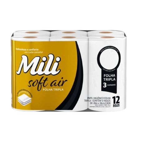 Papel Higiênico Mili Folha Tripla Soft Air 20m Pacote 12un 
 