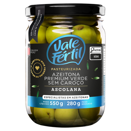 Azeitona Verde Ascolana em Conserva sem Caroço Vale Fértil Premium Vidro 280g