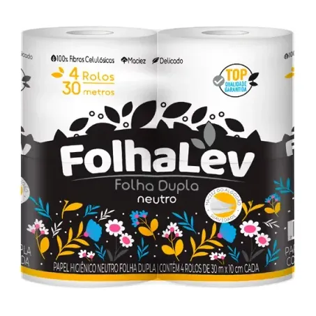 PAPEL HIGIÊNICO FOLHA DUPLA 30M FOLHA LEVE C/4UN