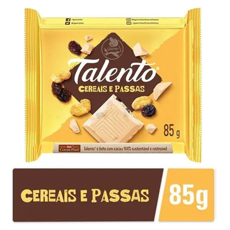 CHOCOLATE GAROTO TALENTO BRANCO CEREAIS&PASSAS 85G