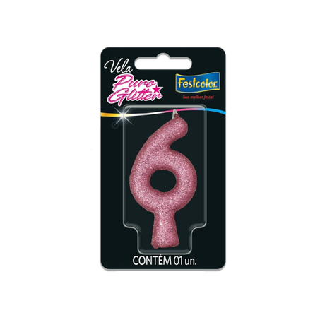 VELA PURO GLITTER ROSA N6 FESTCOLOR 