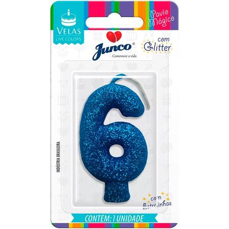 Vela Aniversario Junco Live Colors N6 Azul Glitter