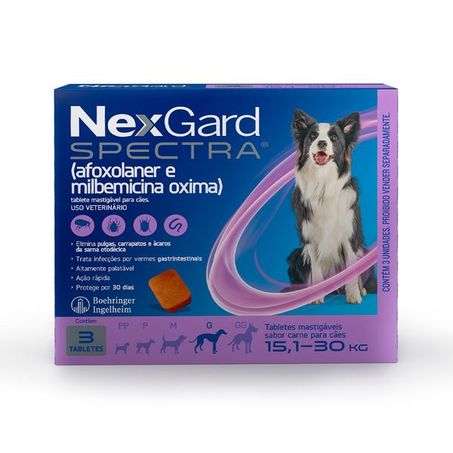 NexGard Spectra Antipulgas e Vermífugo Cães 15,1kg a 30kg 3 tabletes