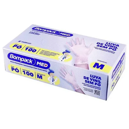 LUVA DE VINIL S/ PÓ MÉDIA C/100UN BOMPACK