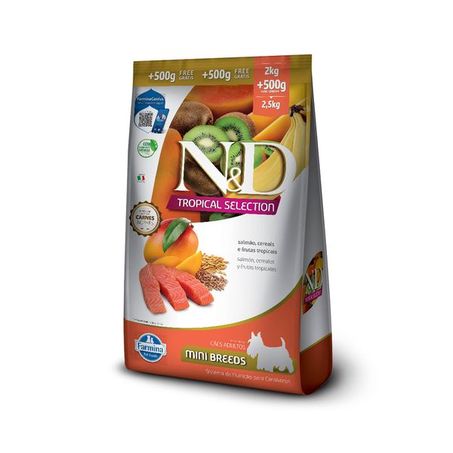 Ração Farmina N&D Tropical Selection para Cães Adultos de Porte Mini Sabor Salmão, Cereais e Frutas Tropicais 2kg + 500g Grátis