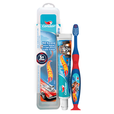 Kit Escova  Gel Dental Morango Condor Kids Hot Wheels  Estojo Protetor