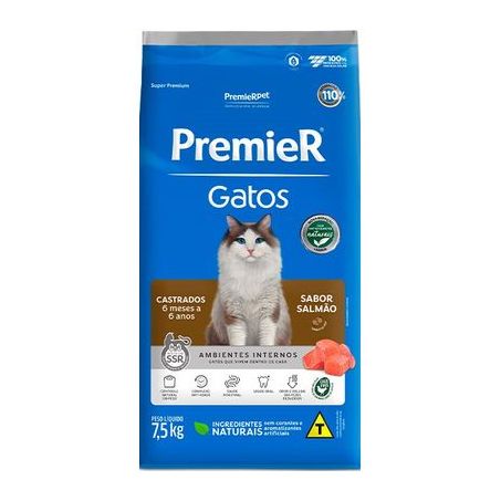 Ração Premier para Gatos Castrados de 6 meses a 6 anos Sabor Salmão 7,5Kg