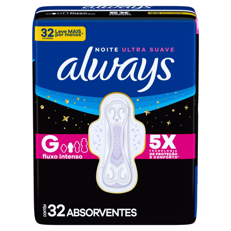 Absorvente Always Suave - Com Abas - Noturno - Com 32 Absorventes - Grátis 4 Absorventes