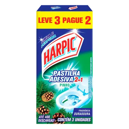 Kit Detergente Sanitário Harpic Pastilha Adesiva Pinho Caixa 3un
