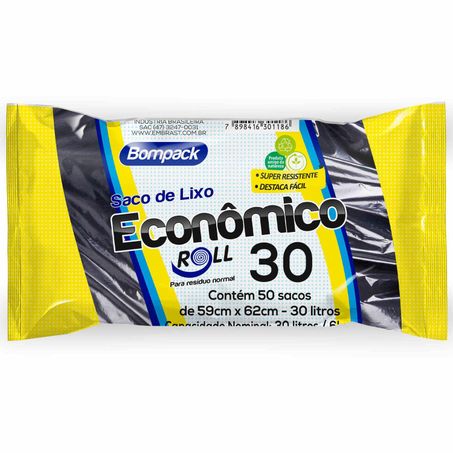 Saco bompack para lixo preto 30l econômico rolo 50 unidades