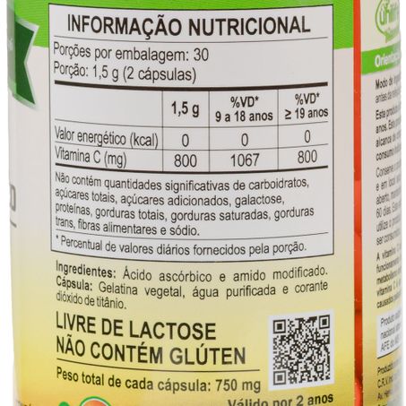 VITAMINA C ÁCIDO ASCÓRBICO 750MG 60 CAPSULAS UNILIFE 360-2