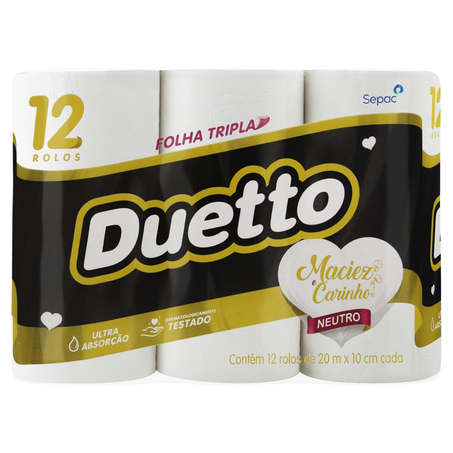 Papel Higiênico Duetto 20m - Folha Tripla - Com 12 Rolos