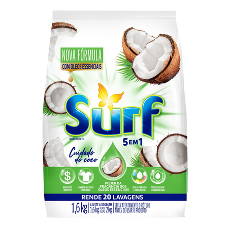 Lava Roupas em Pó Cuidado do Coco 5 em 1 Surf 1,6Kg