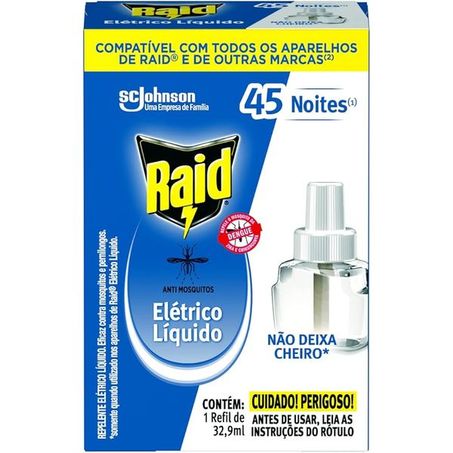 Repelente Elétrico Líquido Raid Não Deixa Cheiro 45 Noites Caixa com 1un - 32.9ml - Refil
