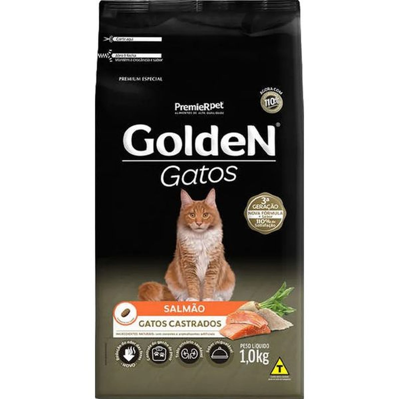 Ração Golden para Gatos Adultos Castrados Sabor Salmão 1kg