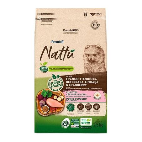 Ração Premier Nattu para Cães Filhotes de Raças Pequenas Sabor Mandioca 2,5Kg